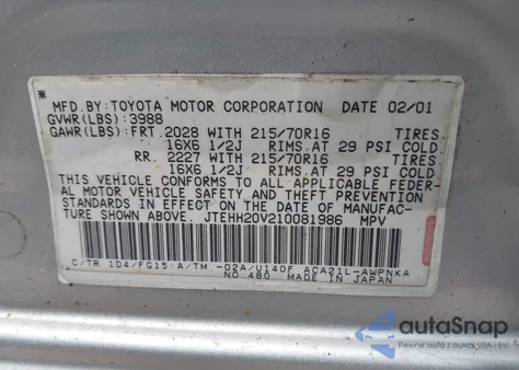 2001 Toyota Rav4 из США, поврежденный, VIN JTEHH20V210081986